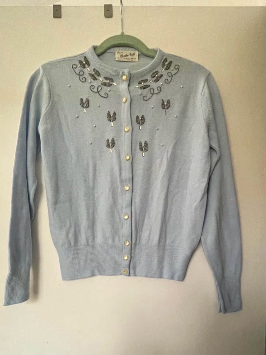 Vintage Powder Blue Embellished Cardigan By Vintage
